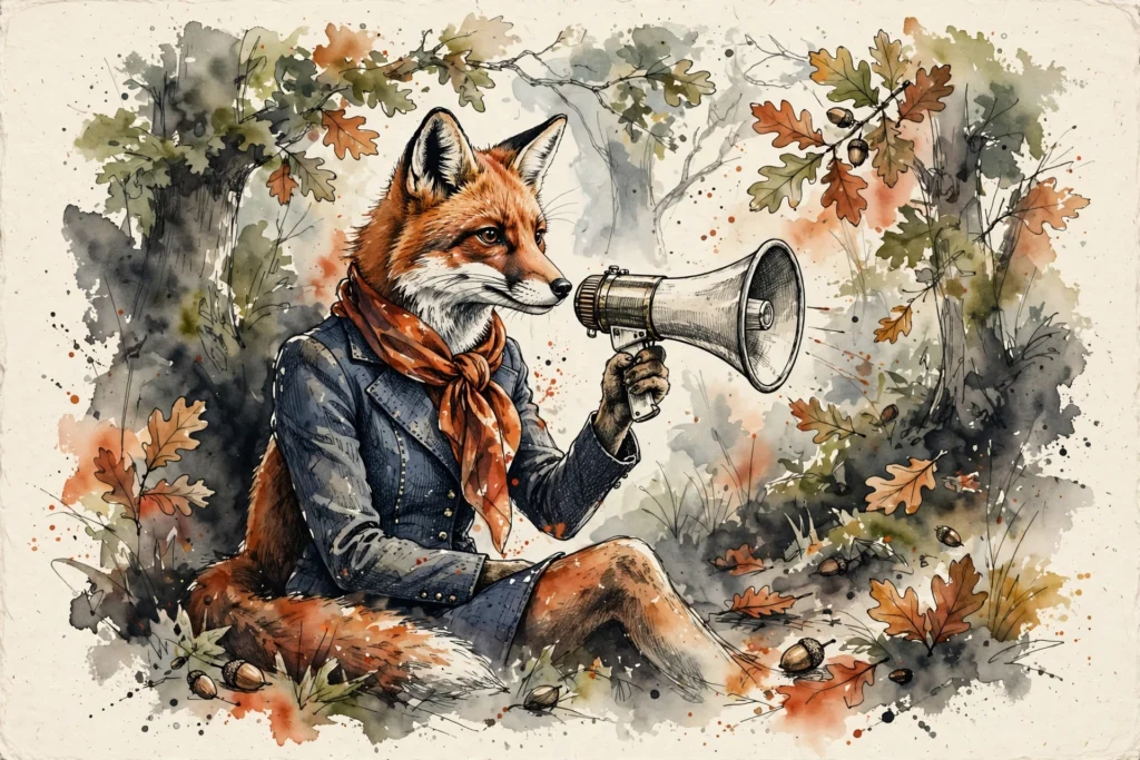 An ink-drawn fox in a folkfox forest, illustrating b2b office hours strategy microsoft.