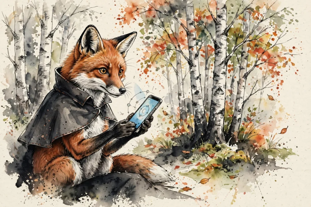 An ink-drawn fox in a folkfox forest, illustrating bid adjustments smart bidding microsoft.