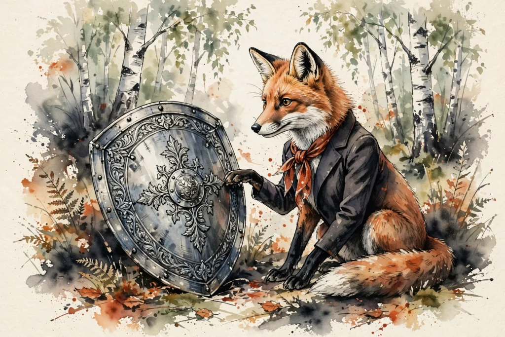 An ink-drawn fox in a folkfox forest, illustrating call tracking microsoft ads.