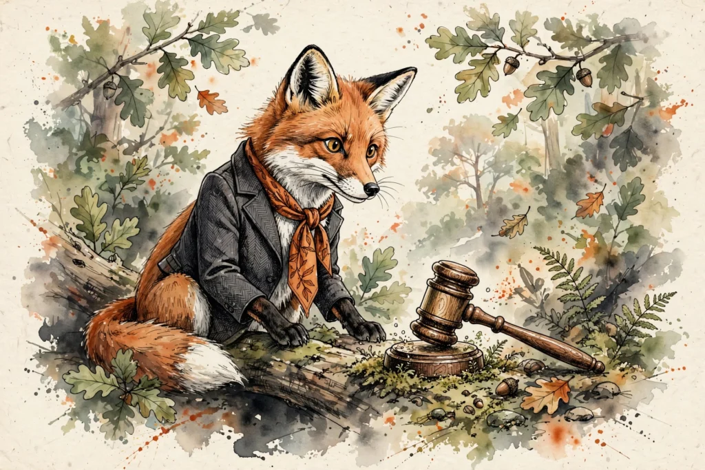 An ink-drawn fox in a folkfox forest, illustrating consent mode microsoft ads.
