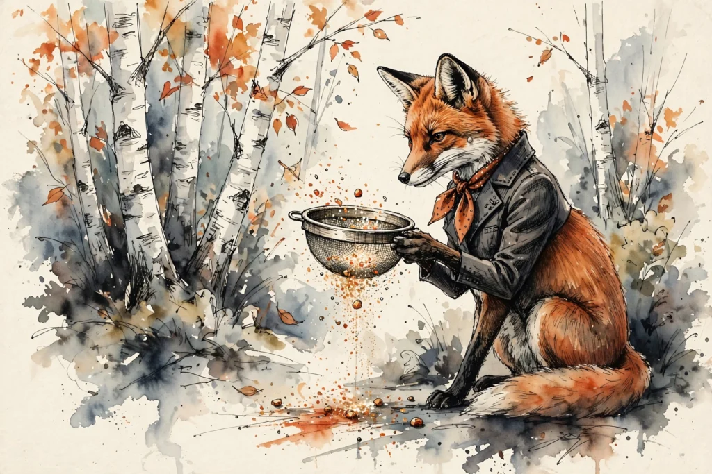 An ink-drawn fox in a folkfox forest, illustrating conversion value rules microsoft ads.