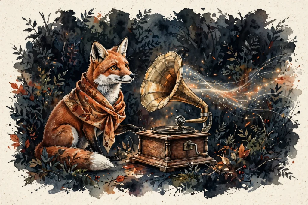 An ink-drawn fox in a folkfox forest, illustrating microsoft ctv advertising.