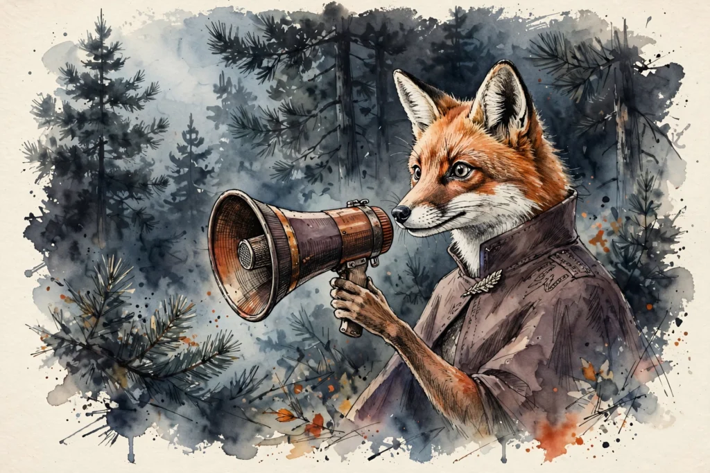 An ink-drawn fox in a folkfox forest, illustrating demographic targeting microsoft ads.