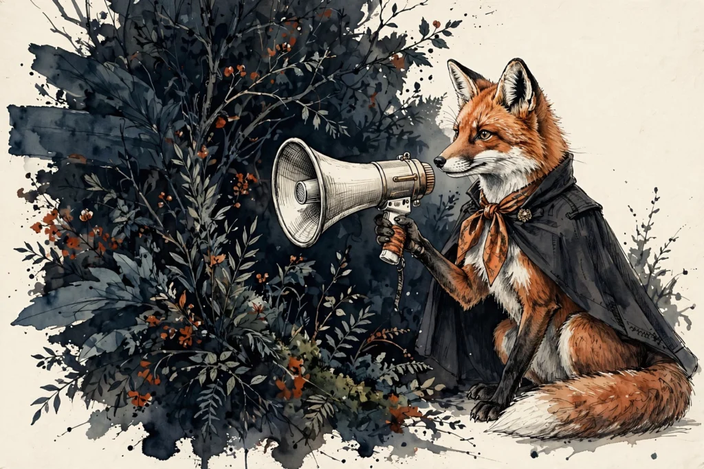 An ink-drawn fox in a folkfox forest, illustrating device bid adjustments microsoft ads.