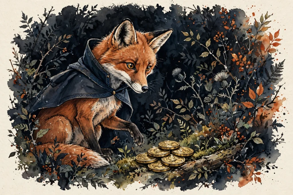 An ink-drawn fox in a folkfox forest, illustrating dynamic search ads microsoft.