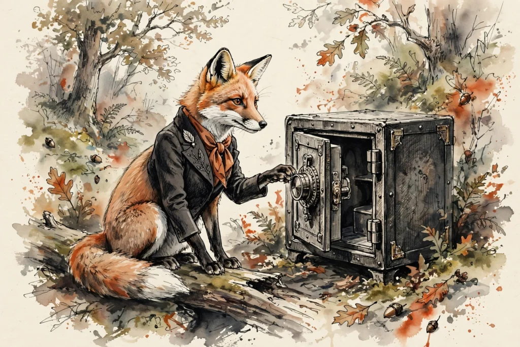 An ink-drawn fox in a folkfox forest, illustrating microsoft ads ga4 tracking.
