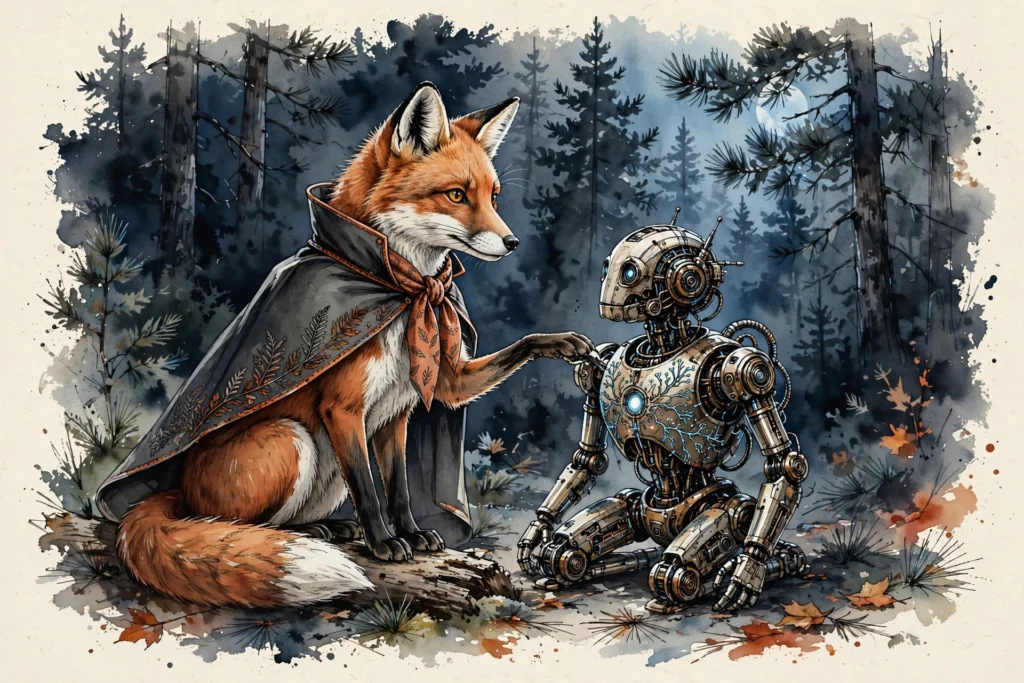 An ink-drawn fox in a folkfox forest, illustrating generative ai assets microsoft ads.
