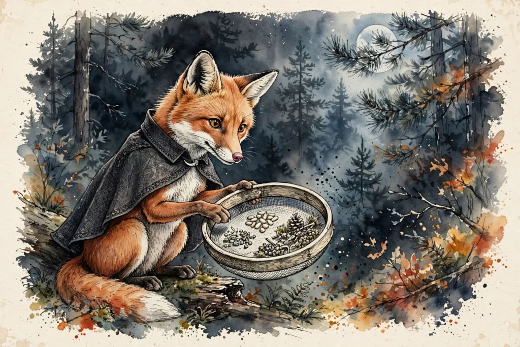 An ink-drawn fox in a folkfox forest, illustrating in market audiences microsoft ads.