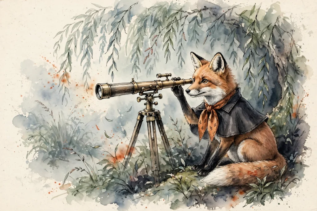 An ink-drawn fox in a folkfox forest, illustrating keyword match types microsoft ads.