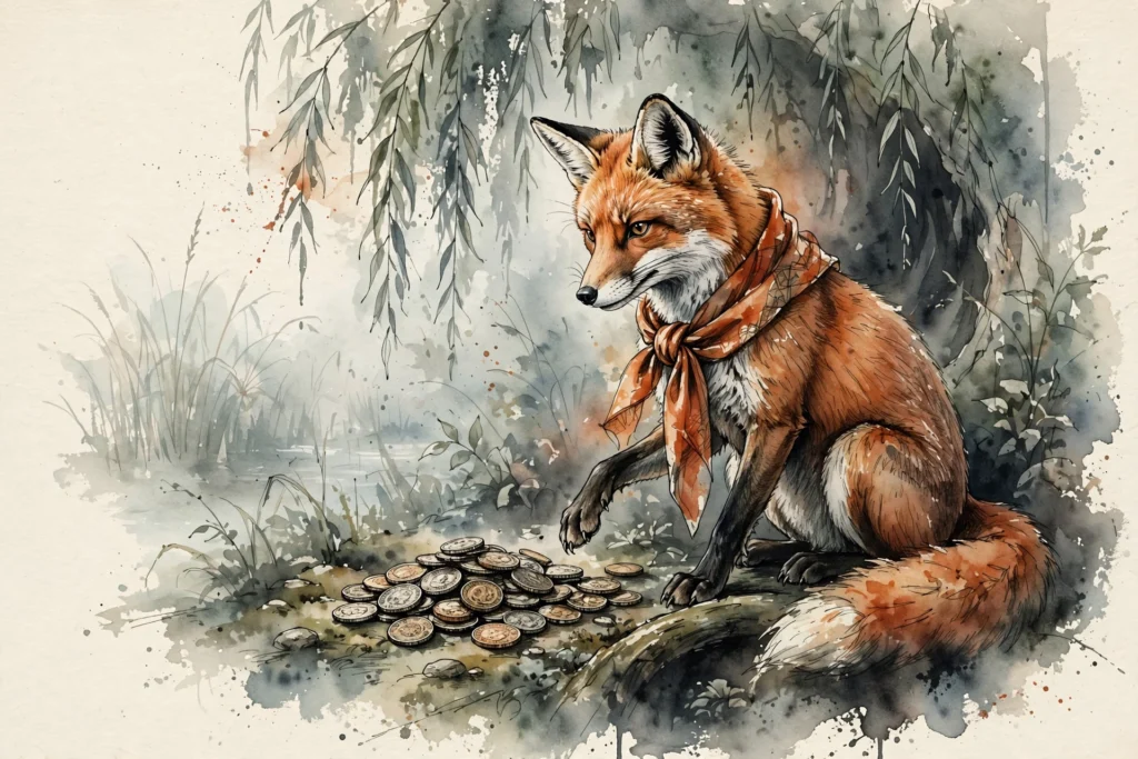 An ink-drawn fox in a folkfox forest, illustrating keyword planner microsoft ads.