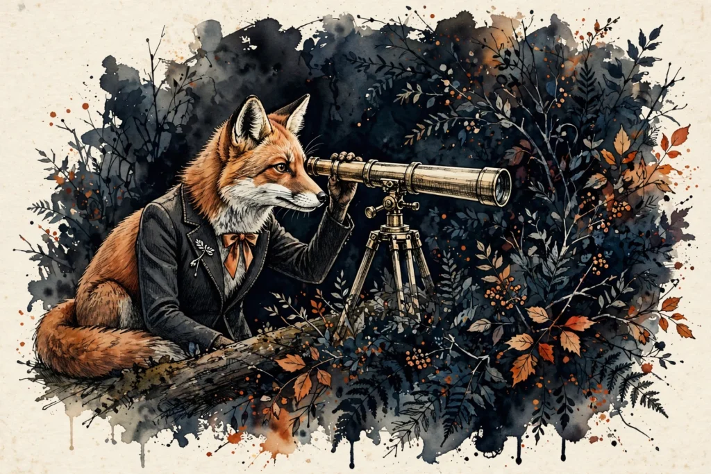 An ink-drawn fox in a folkfox forest, illustrating linkedin profile targeting microsoft ads.