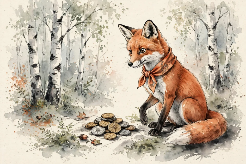 An ink-drawn fox in a folkfox forest, illustrating microsoft local inventory ads.