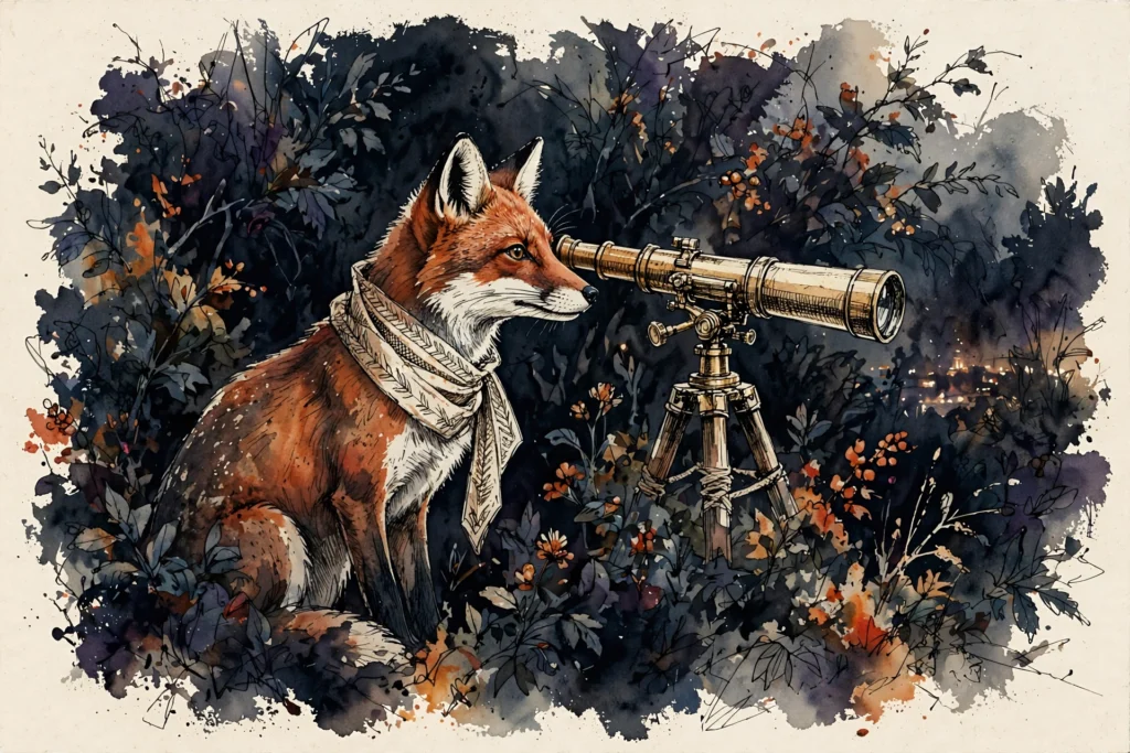 An ink-drawn fox in a folkfox forest, illustrating location targeting microsoft ads.