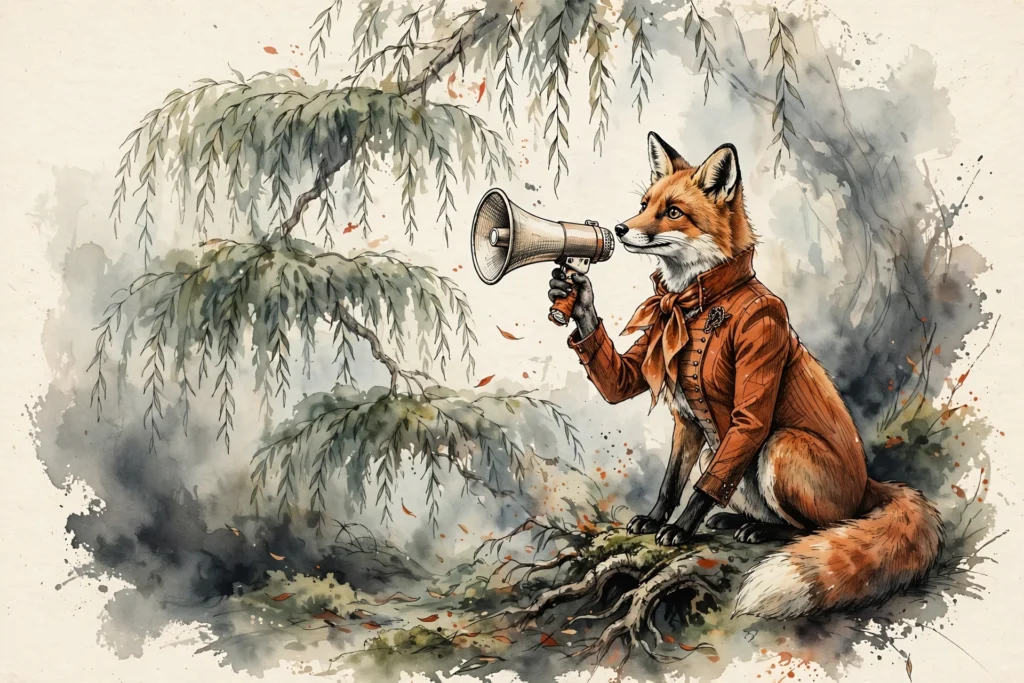 An ink-drawn fox in a folkfox forest, illustrating microsoft manager accounts.