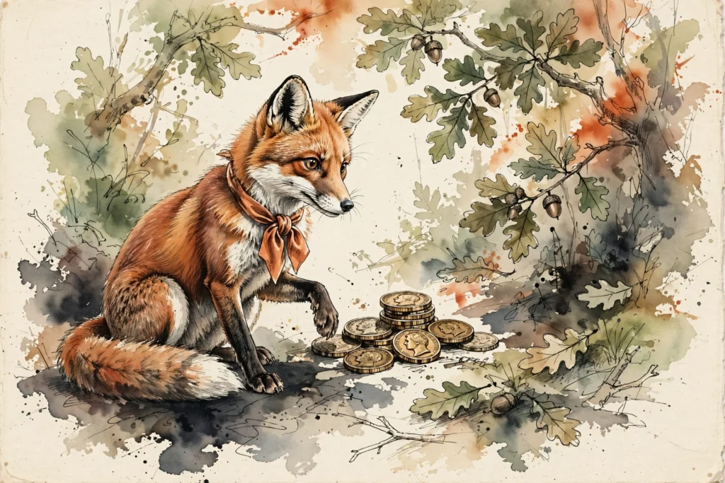 An ink-drawn fox in a folkfox forest, illustrating manual cpc microsoft ads.