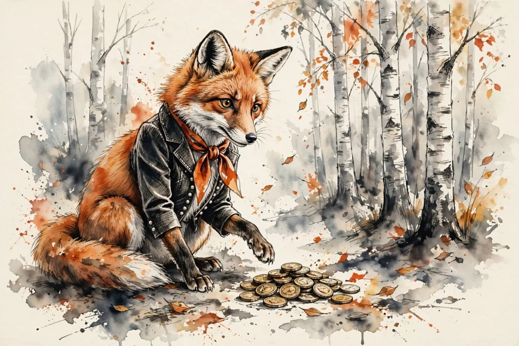 An ink-drawn fox in a folkfox forest, illustrating microsoft merchant center feed specs.