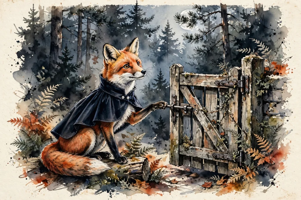An ink-drawn fox in a folkfox forest, illustrating negative keywords microsoft ads.
