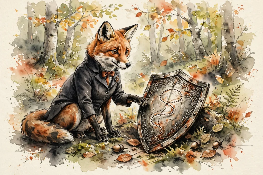An ink-drawn fox in a folkfox forest, illustrating offline conversion tracking microsoft ads.