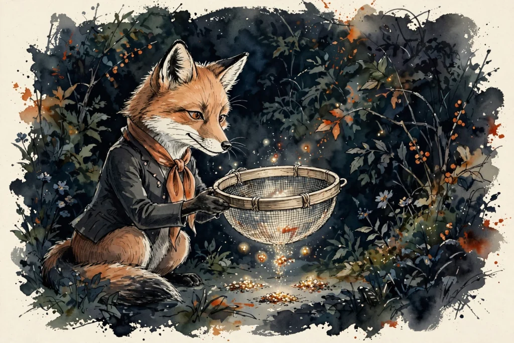 An ink-drawn fox in a folkfox forest, illustrating performance max asset groups microsoft.