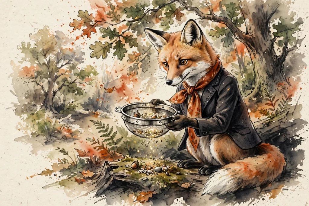 An ink-drawn fox in a folkfox forest, illustrating microsoft pmax b2b lead gen.