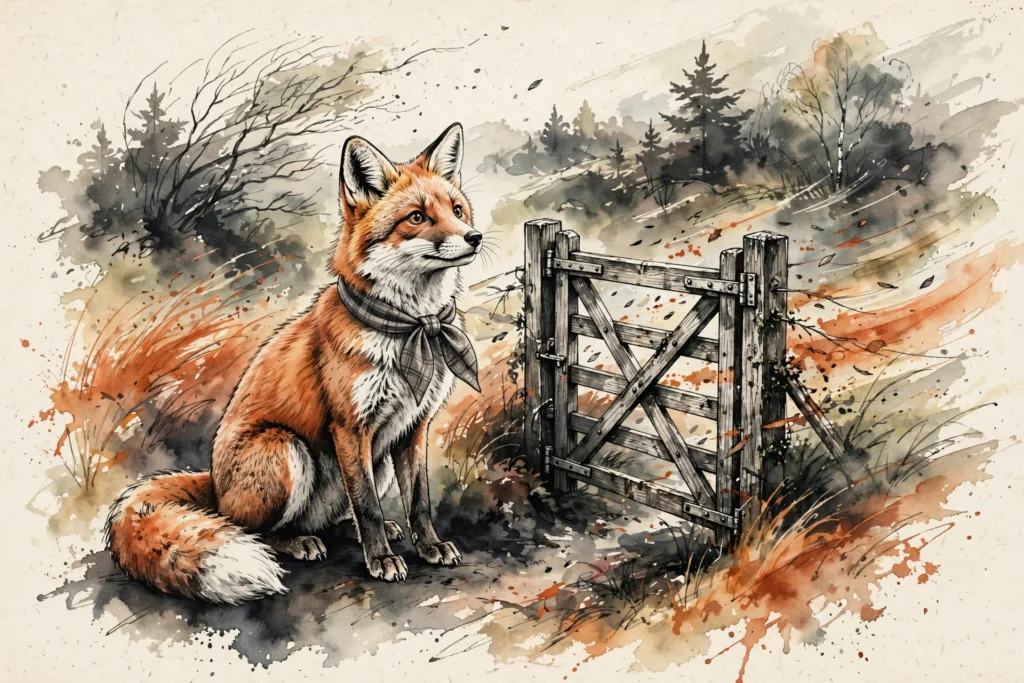 An ink-drawn fox in a folkfox forest, illustrating pmax negative keywords microsoft.
