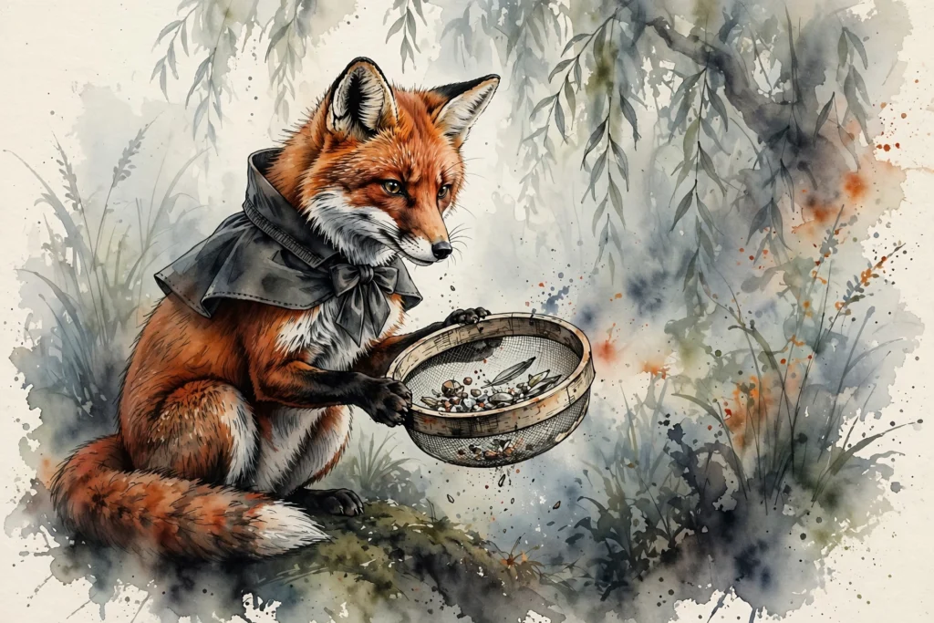 An ink-drawn fox in a folkfox forest, illustrating microsoft pmax variants.