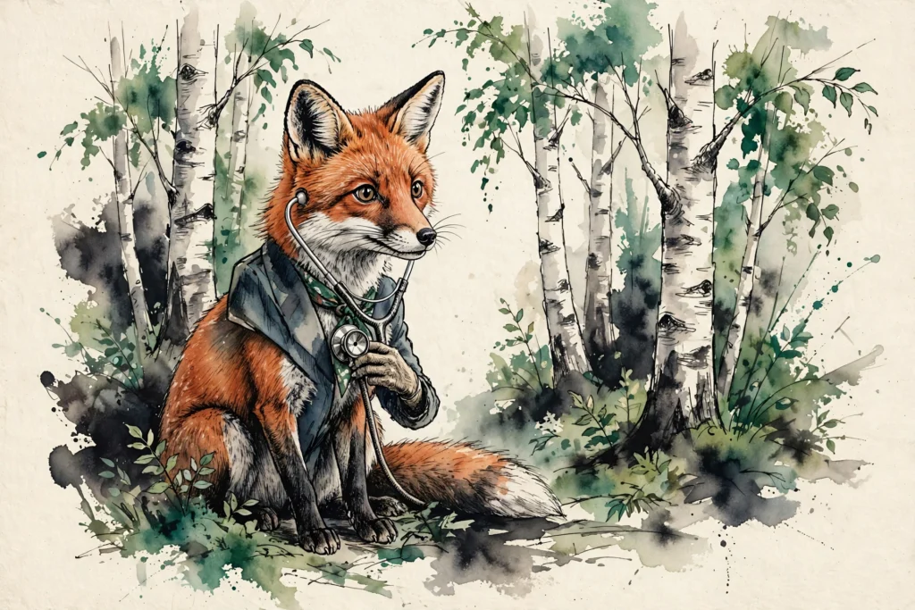 An ink-drawn fox in a folkfox forest, illustrating microsoft advertising certifications.