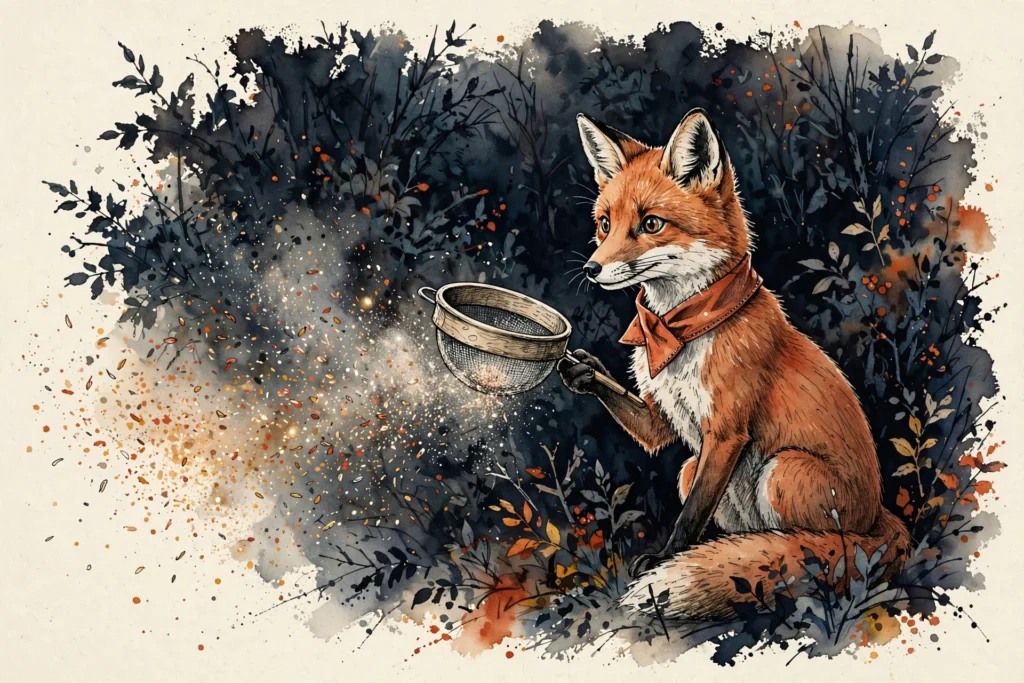 An ink-drawn fox in a folkfox forest, illustrating predictive targeting microsoft ads.
