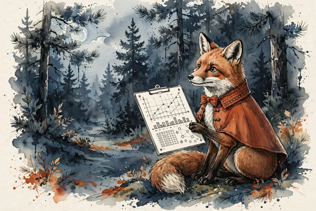 An ink-drawn fox in a folkfox forest, illustrating product identifiers microsoft ads.