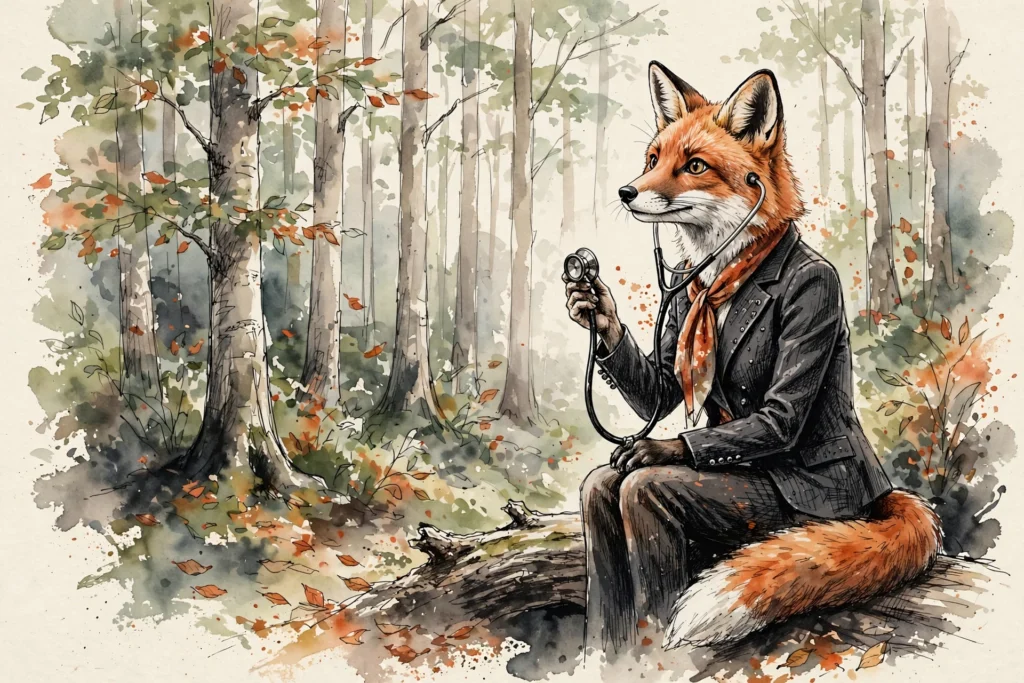 An ink-drawn fox in a folkfox forest, illustrating microsoft professional services ads.