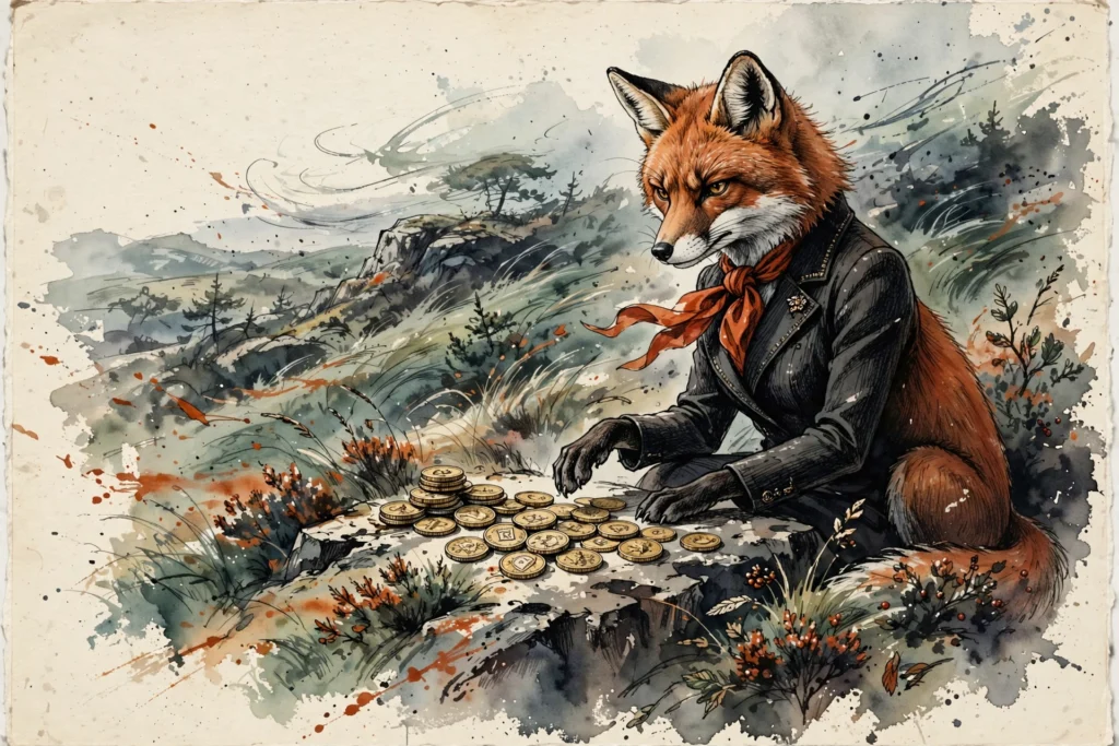 An ink-drawn fox in a folkfox forest, illustrating quality score recovery microsoft ads.