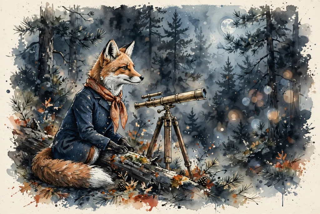 An ink-drawn fox in a folkfox forest, illustrating responsive search ads microsoft.