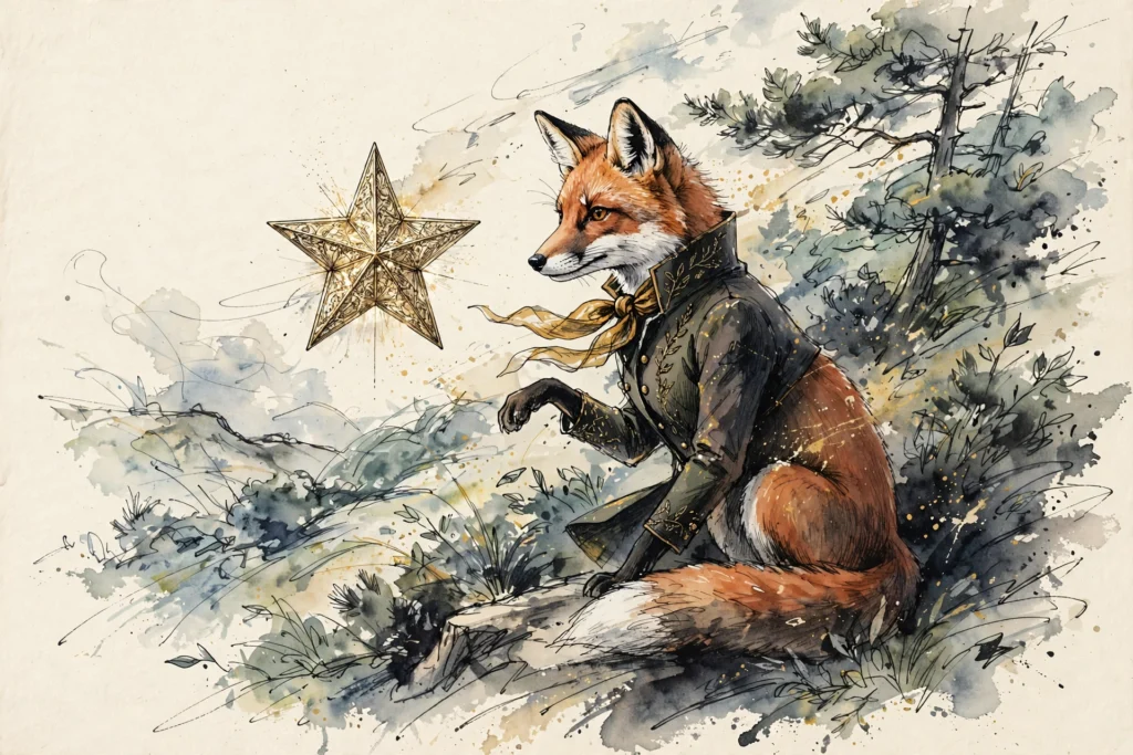 An ink-drawn fox in a folkfox forest, illustrating search terms hygiene microsoft ads.