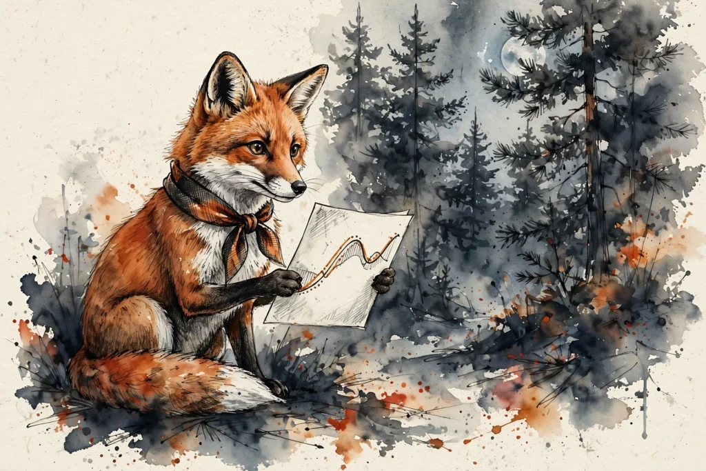 An ink-drawn fox in a folkfox forest, illustrating seasonality adjustments microsoft ads.