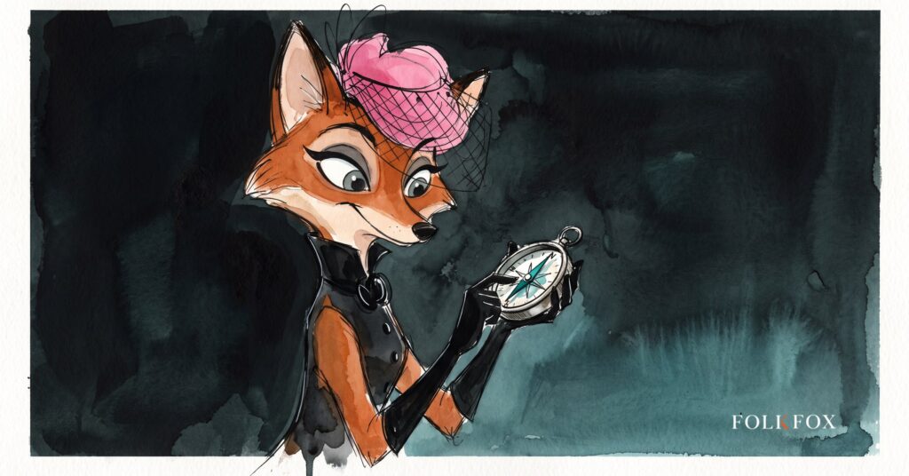 An ink-drawn fox in a folkfox forest beside a compass, illustrating microsoft security updates.