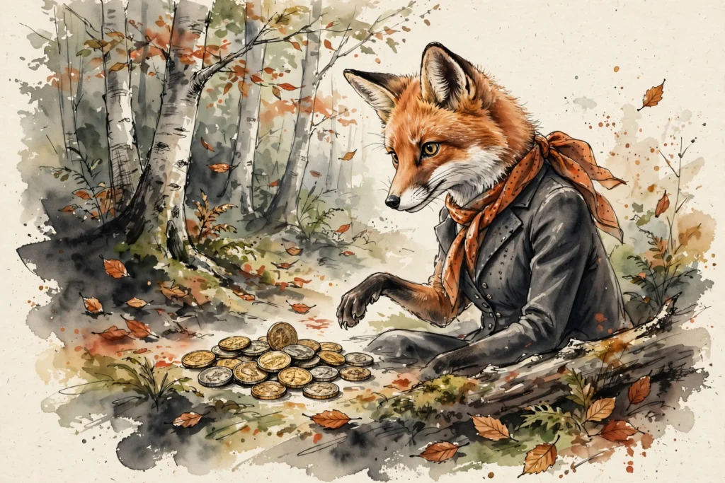 An ink-drawn fox in a folkfox forest, illustrating microsoft shopping campaigns.