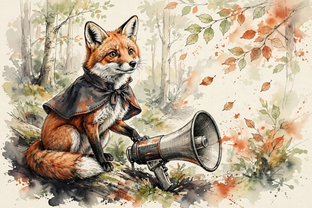 An ink-drawn fox in a folkfox forest, illustrating microsoft smart campaigns.
