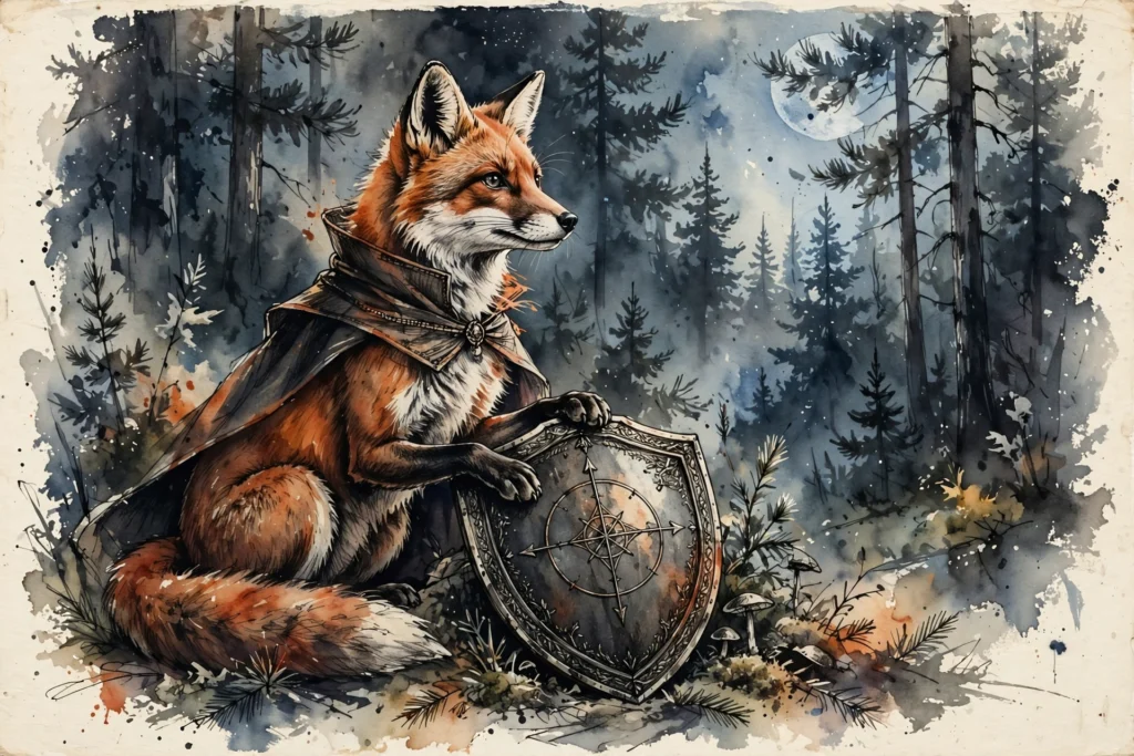 An ink-drawn fox in a folkfox forest, illustrating tracking templates microsoft ads.