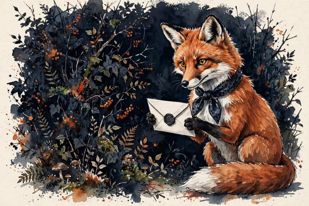 An ink-drawn fox in a folkfox forest, illustrating microsoft ads trademark policy.