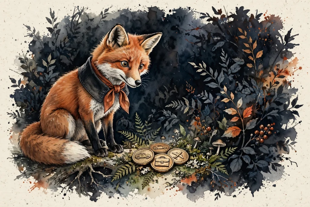 An ink-drawn fox in a folkfox forest, illustrating microsoft vertical ads.