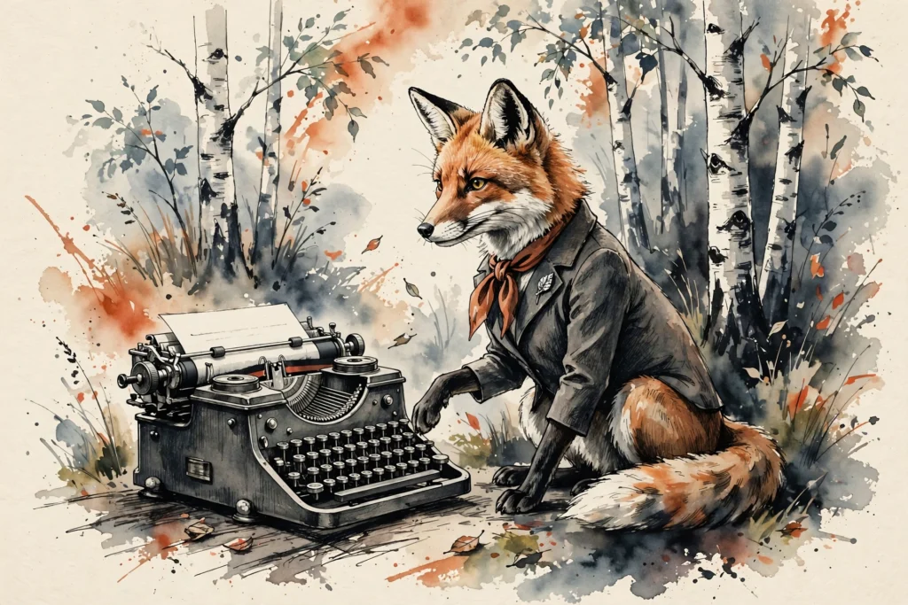 An ink-drawn fox in a folkfox forest, illustrating multimedia ads specifications microsoft.