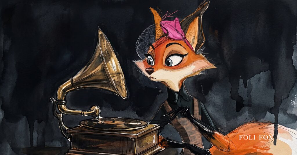 An ink-drawn fox in a folkfox forest beside a gramophone, illustrating music industry marketing.