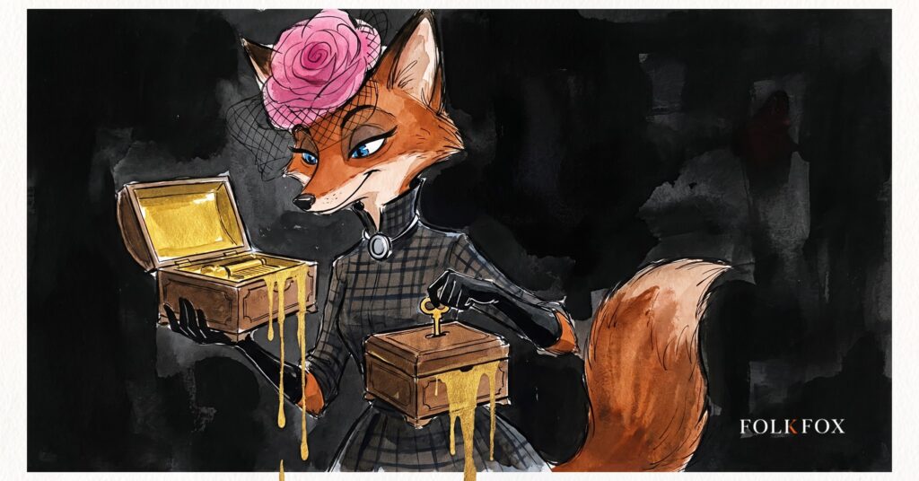 An ink-drawn folkfox vixen with two wooden music boxes, illustrating music intelligence platform brand discovery.