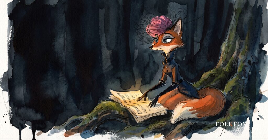 An ink-drawn fox examining music licensing agreements beneath beech trees on a moonlit ridge