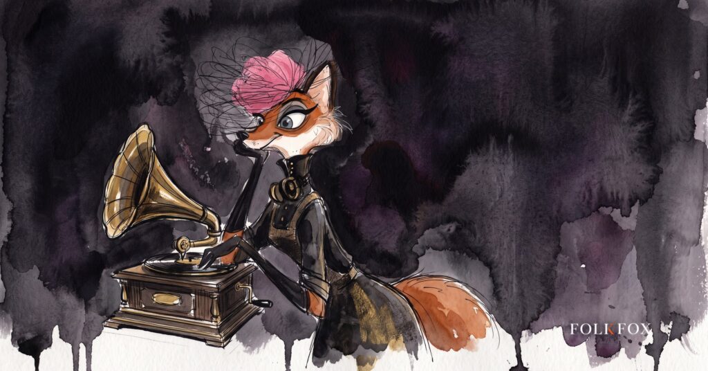 music marketing for artists and the wider circuit: an ink-drawn fox eager beside a gramophone casting rings of light