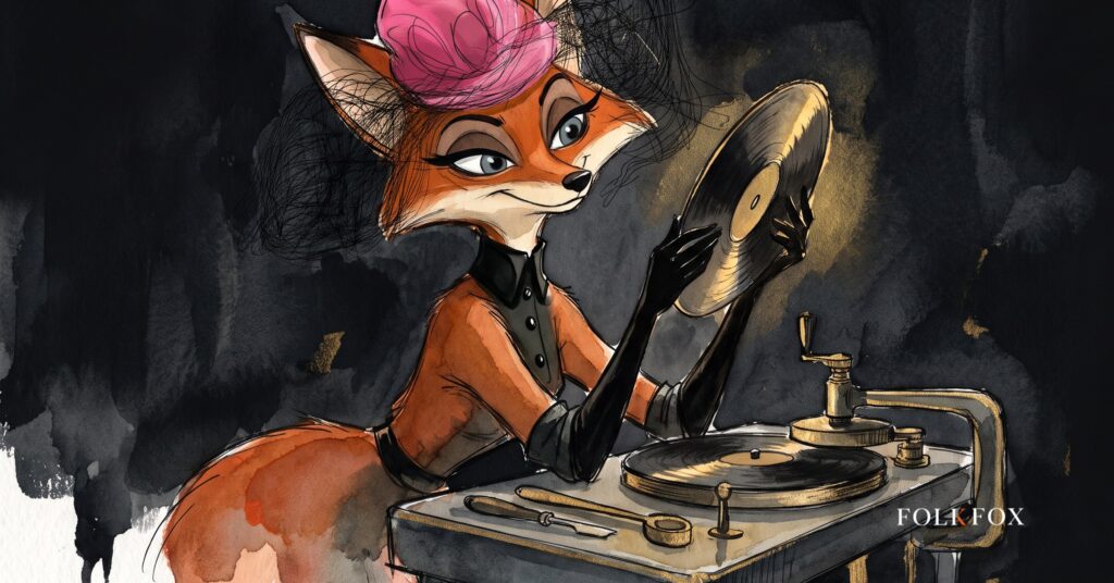 watercolour fox scene for music sync marketing, a fox beside a vinyl record and a game controller under gold light