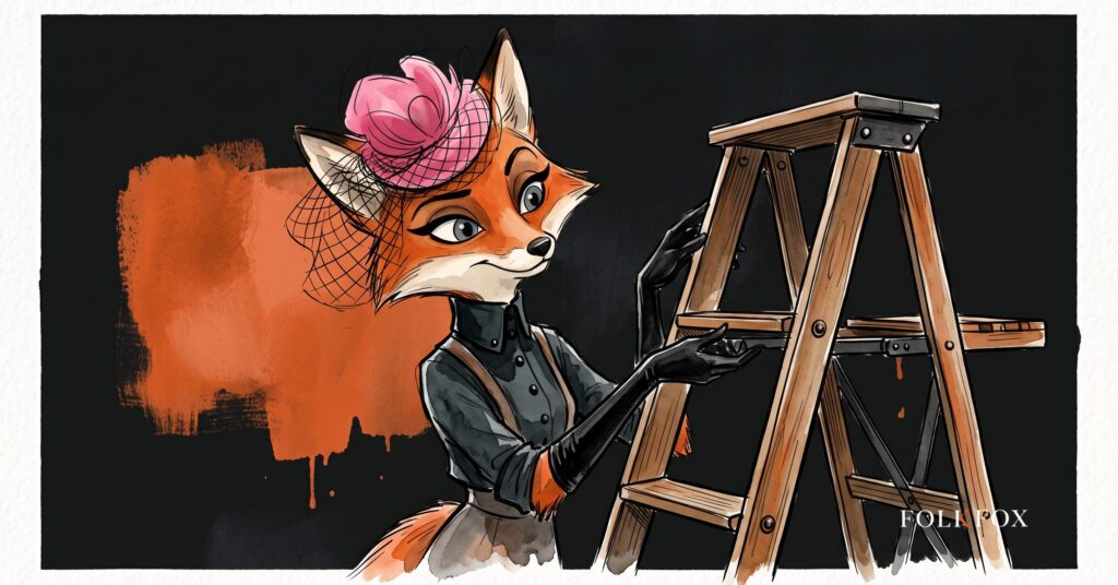 An ink-drawn fox in a folkfox forest beside a ladder, illustrating organic click through rate.