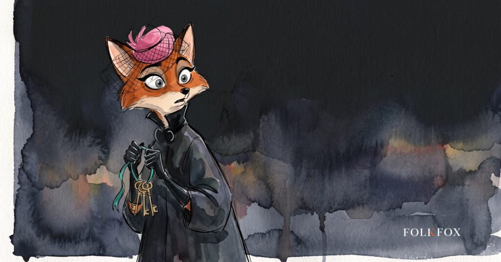 An ink-drawn fox in a folkfox forest beside a keys, illustrating passkey phishing.