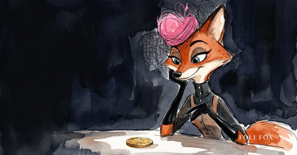 An ink-drawn fox in a folkfox forest beside a coins, illustrating pinterest ads.