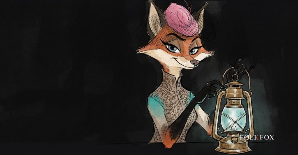 An ink-drawn fox fanning playing cards at a very long table, illustrating a poker network of shared players